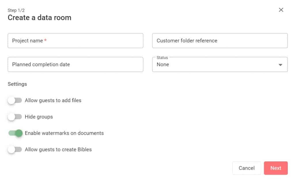 watermark data room settings