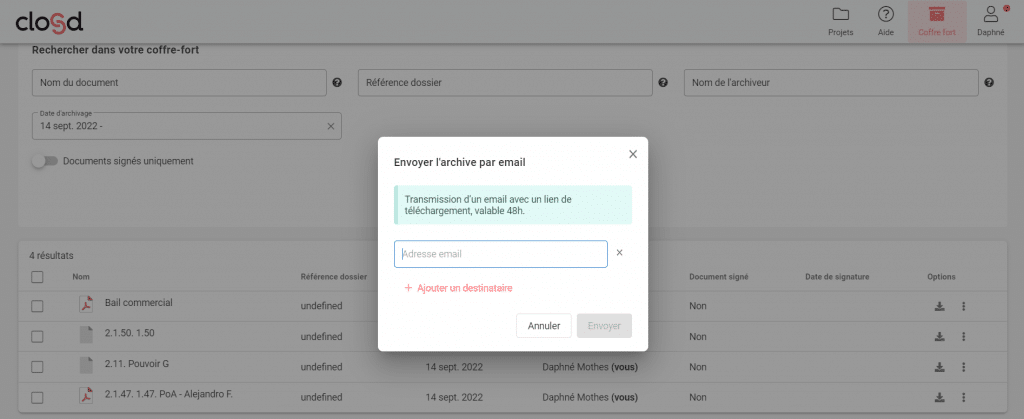Partage d’archives par mail depuis le coffre-fort électronique