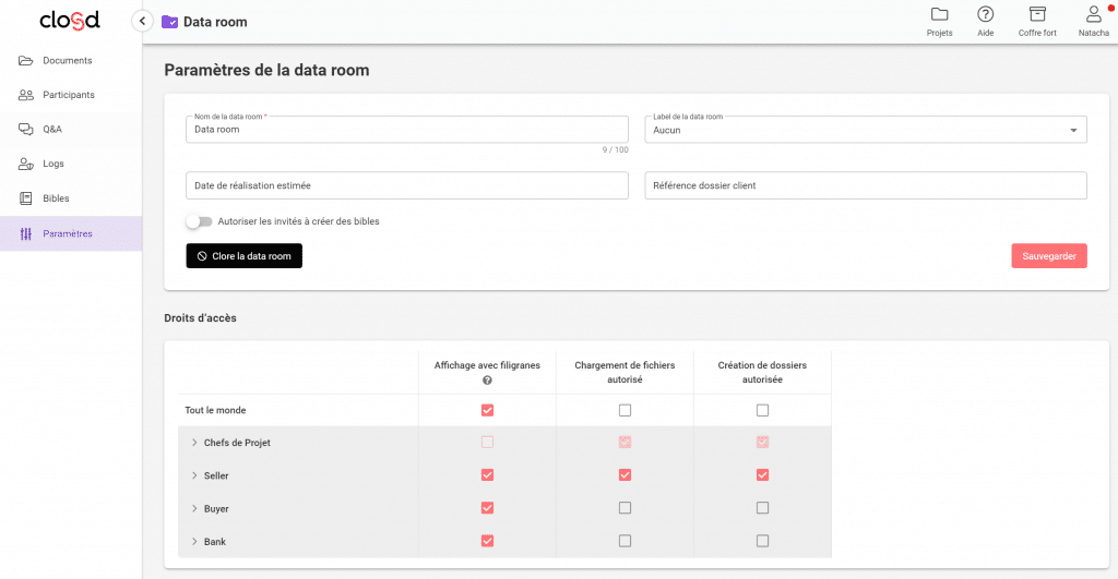 droits d'accès data room closd