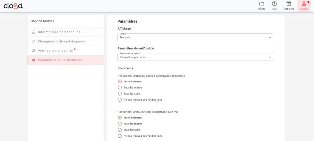 paramétrage des notifications data room