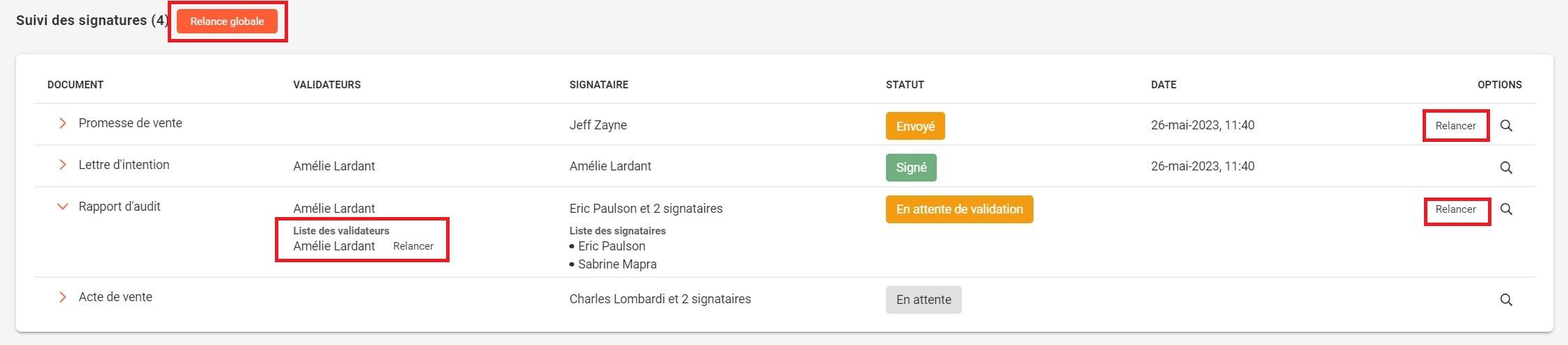 faeture closd relance validateurs et signataires